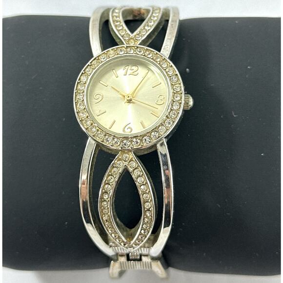 Vintage Silver-Tone Cuff Bracelet Watch with Rhinestones – Japan Movement Works - Picture 2 of 7